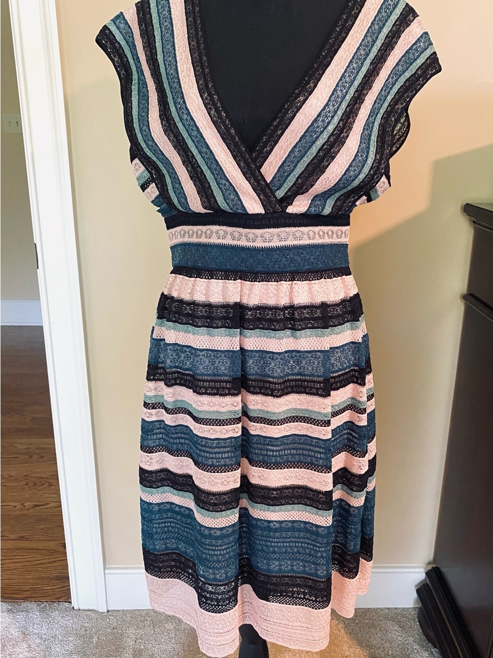 Missoni Striped V-Neck Midi Dress in Teal, Blush & Black